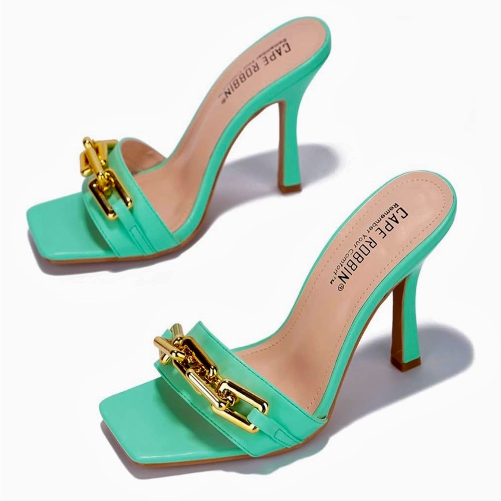 Cape Robbin Mint Green Chain Heels Size 7 – Gold Chain Strap Mule Sandals NEW